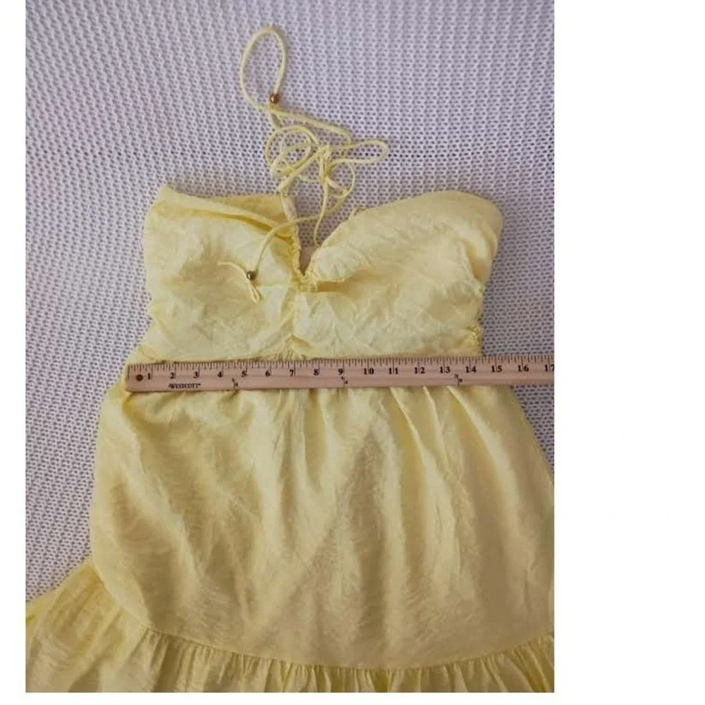 Cottagecore Boho Yellow Textured 100% Cotton Tiered‎ Maxi Halter Dress S NWOT
